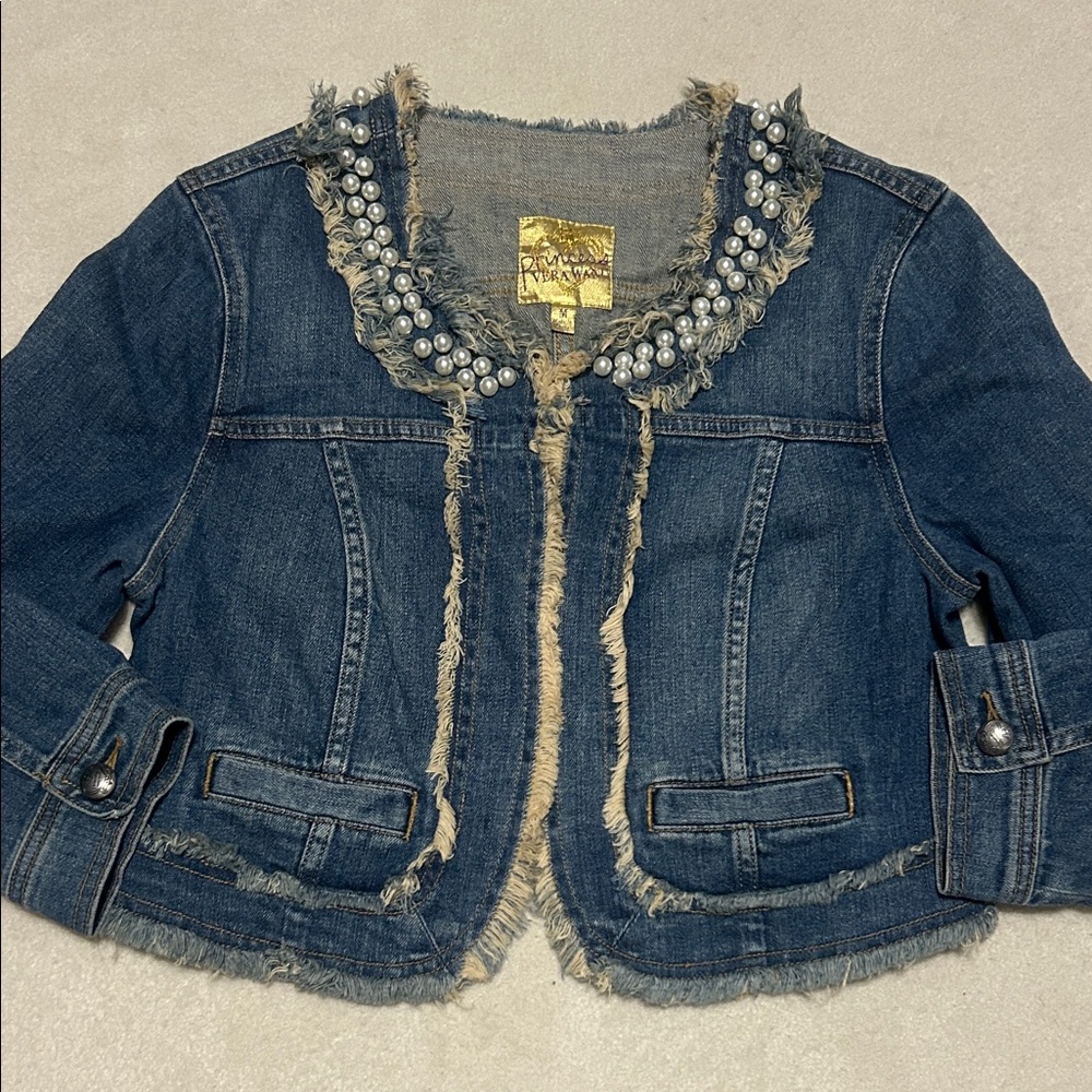 Vera Wang Princess Denim Jacket Embellished with Pearl Accents M